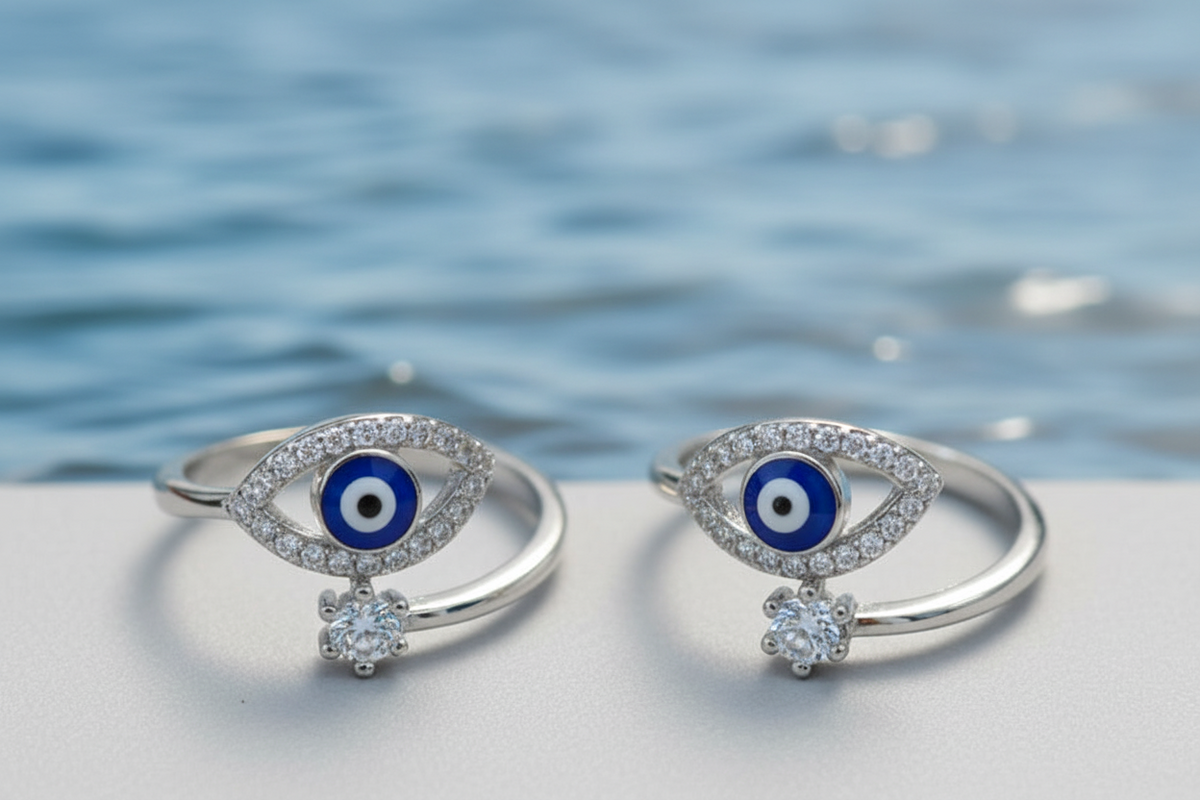 Silver Nazar Glow Toe Rings