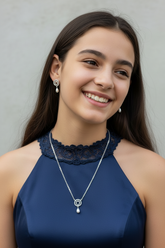 Pearl Teardrop Halo Pendant Set