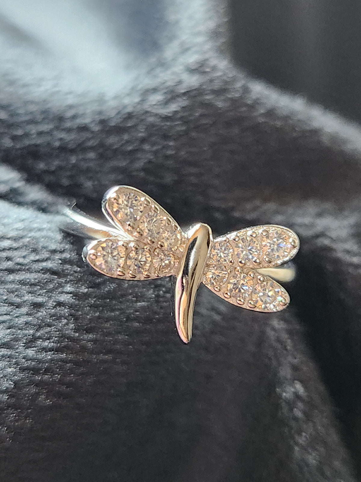 Crystal Dragonfly Whisper Silver Ring