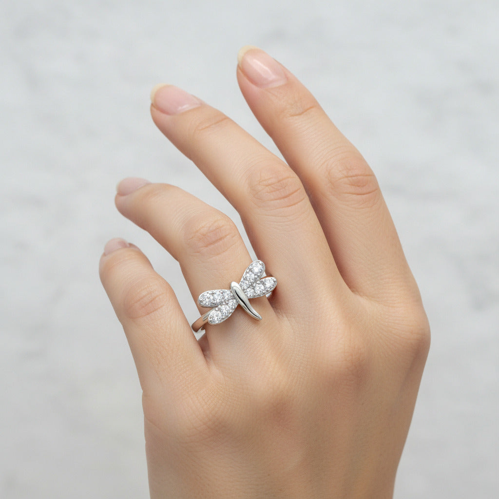 Crystal Dragonfly Whisper Silver Ring
