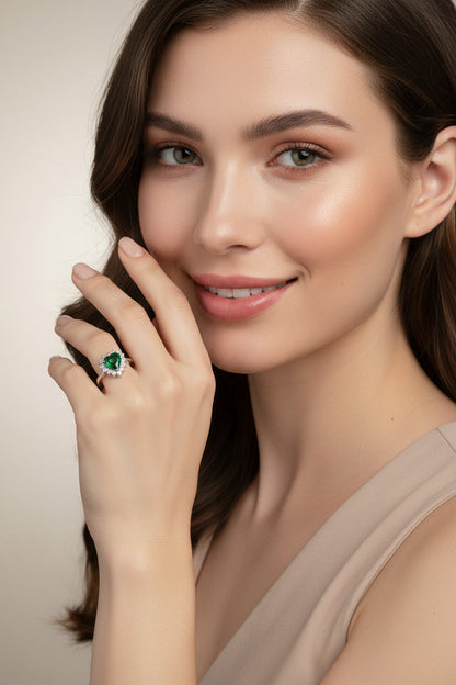 Emerald Heart Halo Silver Ring