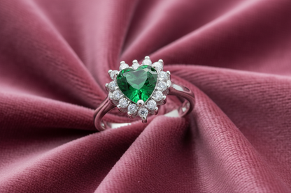 Emerald Heart Halo Silver Ring