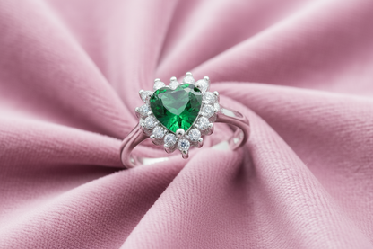 Emerald Heart Halo Silver Ring