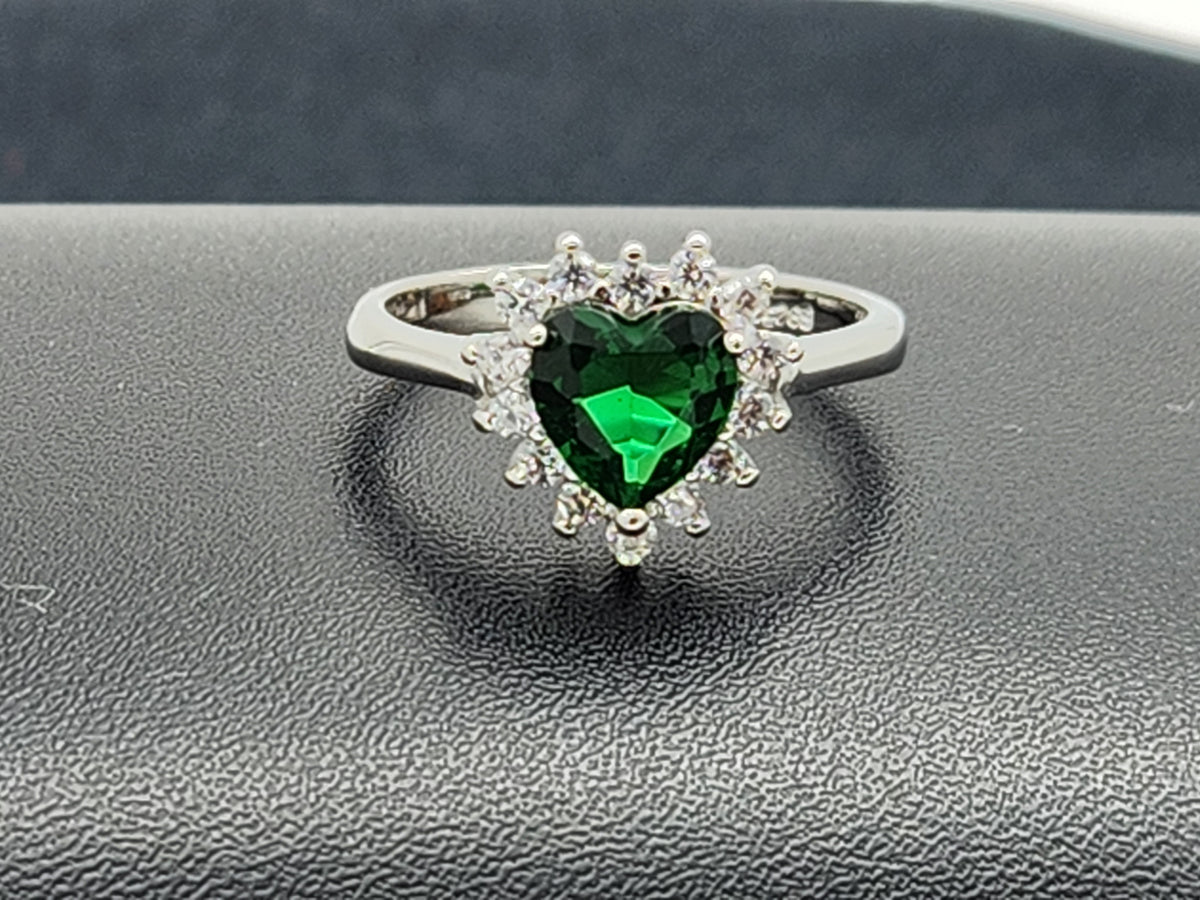 Emerald Heart Halo Silver Ring