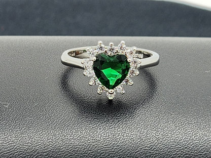 Emerald Heart Halo Silver Ring