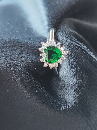 Emerald Heart Halo Silver Ring