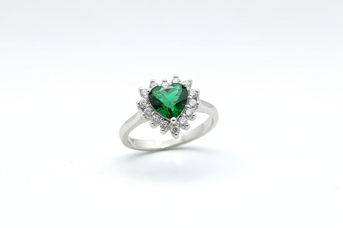 Emerald Heart Halo Silver Ring