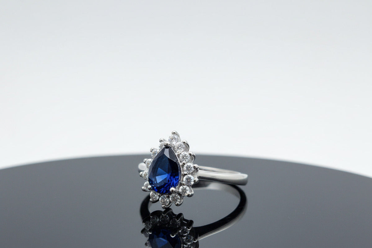 Sapphire Dewdrop Halo Silver Ring