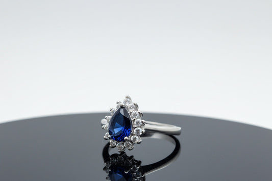 Sapphire Dewdrop Halo Silver Ring