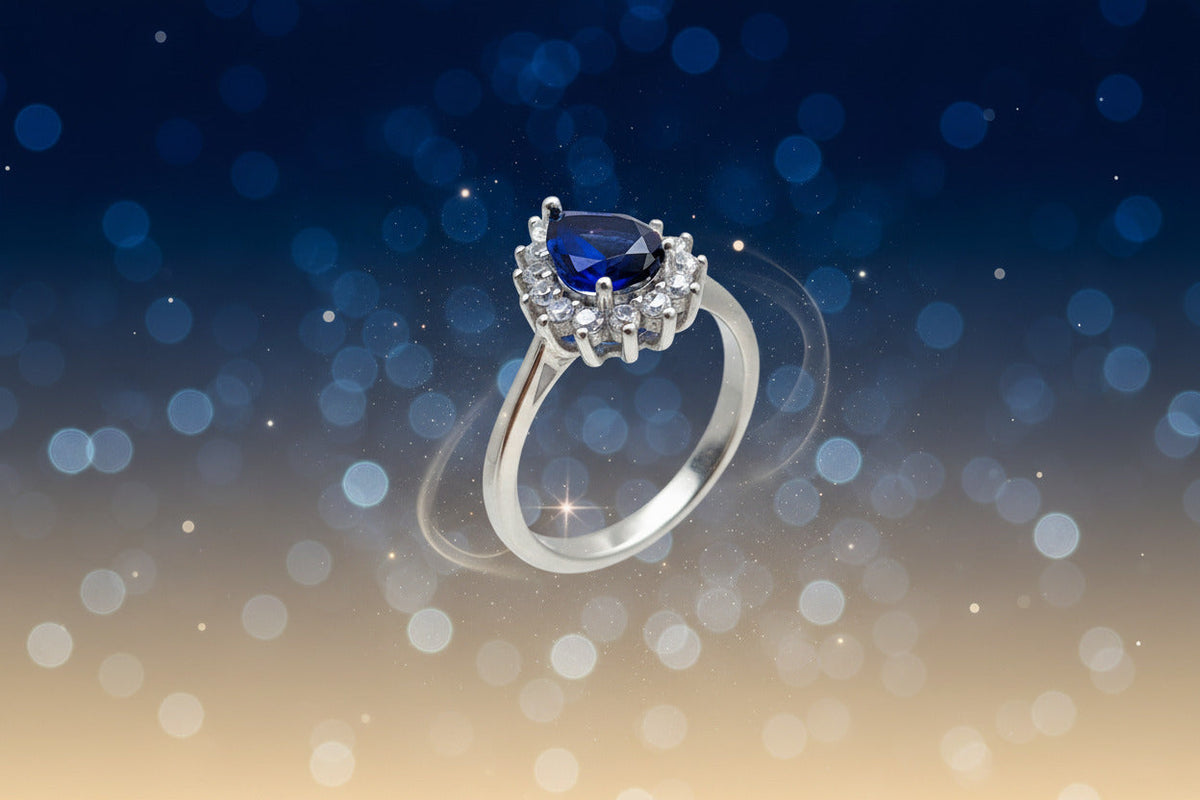 Sapphire Dewdrop Halo Silver Ring