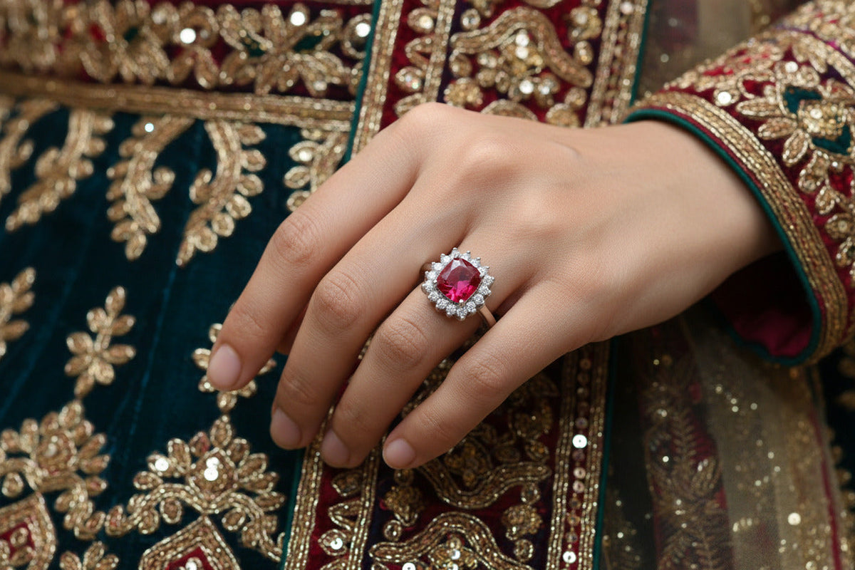 Ruby Glow Halo Silver Ring