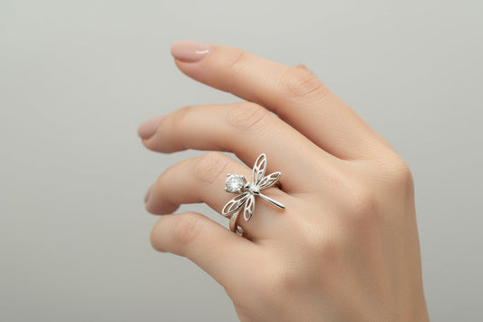 Crystal Dragonfly Silver Ring
