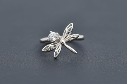 Crystal Dragonfly Silver Ring