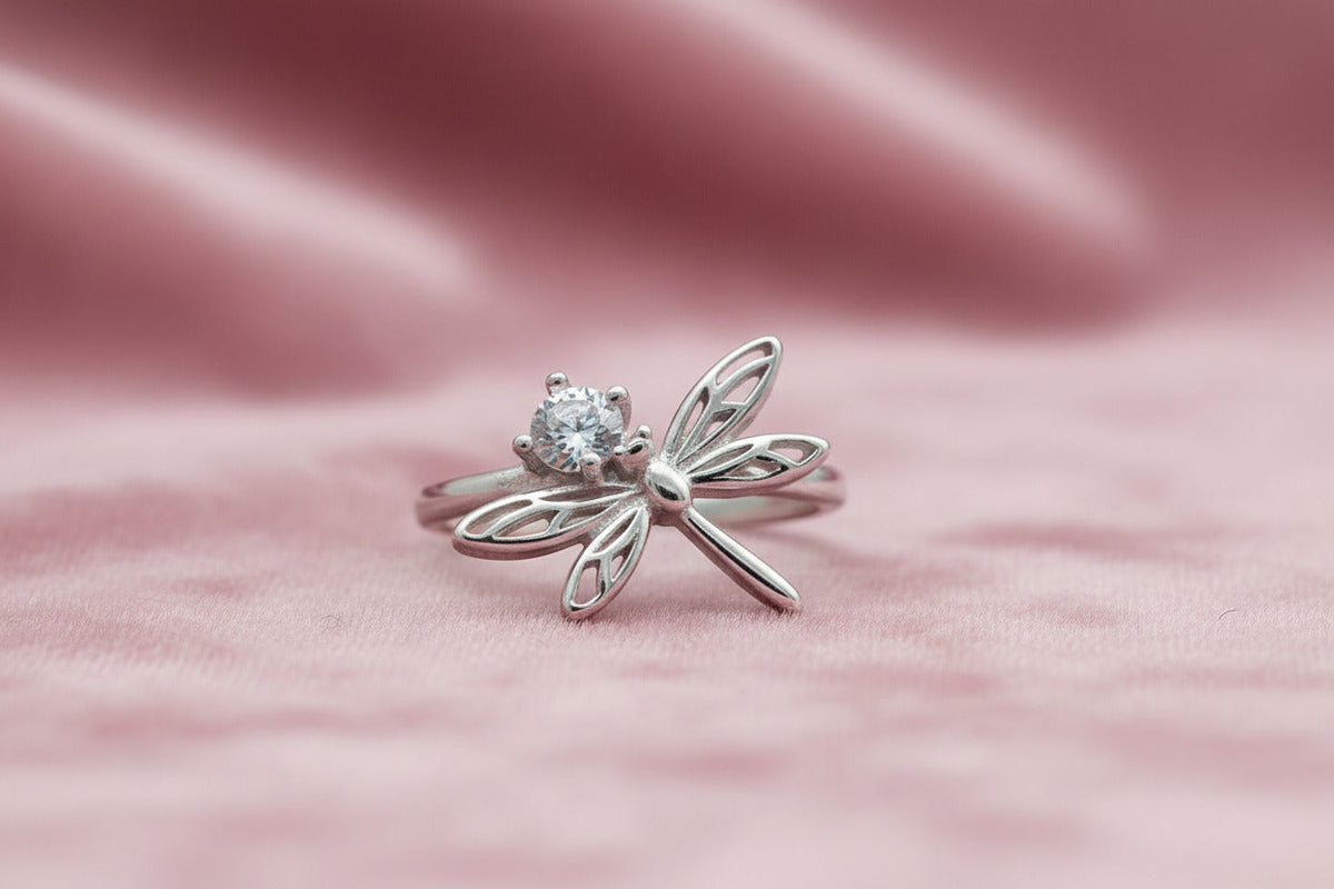 Crystal Dragonfly Silver Ring