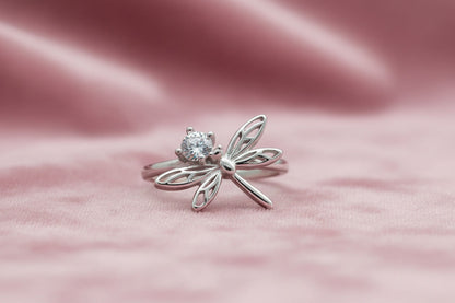 Crystal Dragonfly Silver Ring