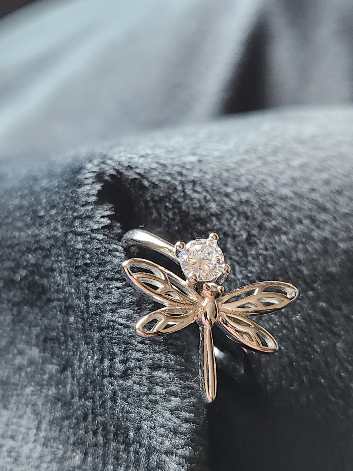 Crystal Dragonfly Silver Ring